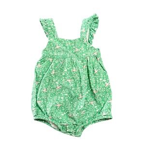 Baby Boden Green Bird Floral Ruffle Bubble Romper 0-3M 62cm
